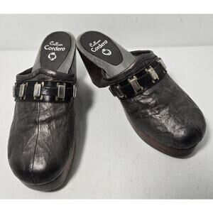 Calleen Cordero Distressed Leather Mule Clog Metallic Platform Wooden Heel SZ 8